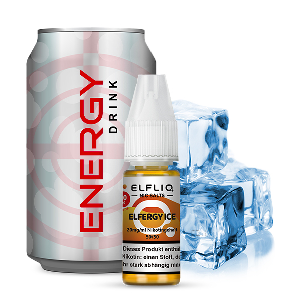 Elfbar Liquid bottle with energy drink can and ice cubes